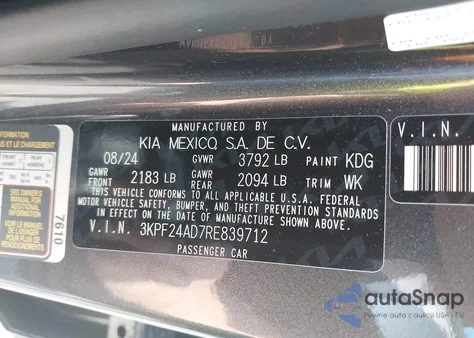 2024 Kia Forte Lxs from USA, damaged, VIN 3KPF24AD7RE839712